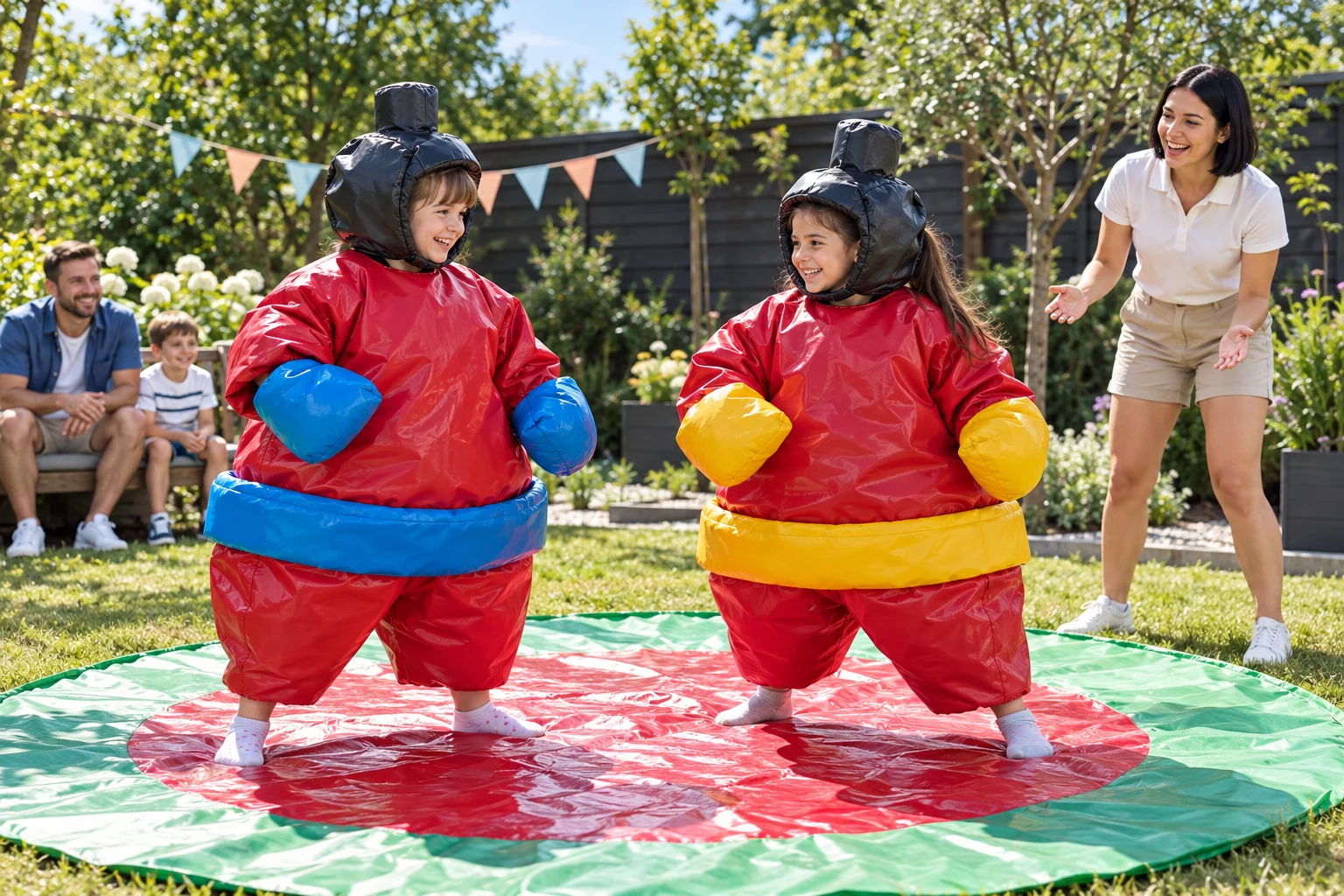 Copii în costume sumo roșii cu centuri albastre și galbene și protecții negre, pe salteaua rotundă roșie cu margine verde, alături de animator.