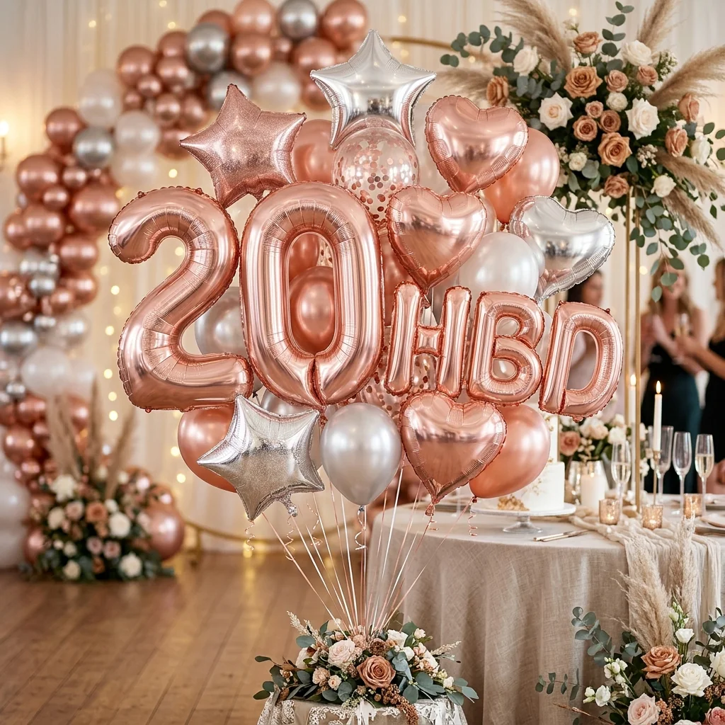 Decor aniversar cu cifre din folie rose-gold „20”, alte litere din folie și baloane metalizate.